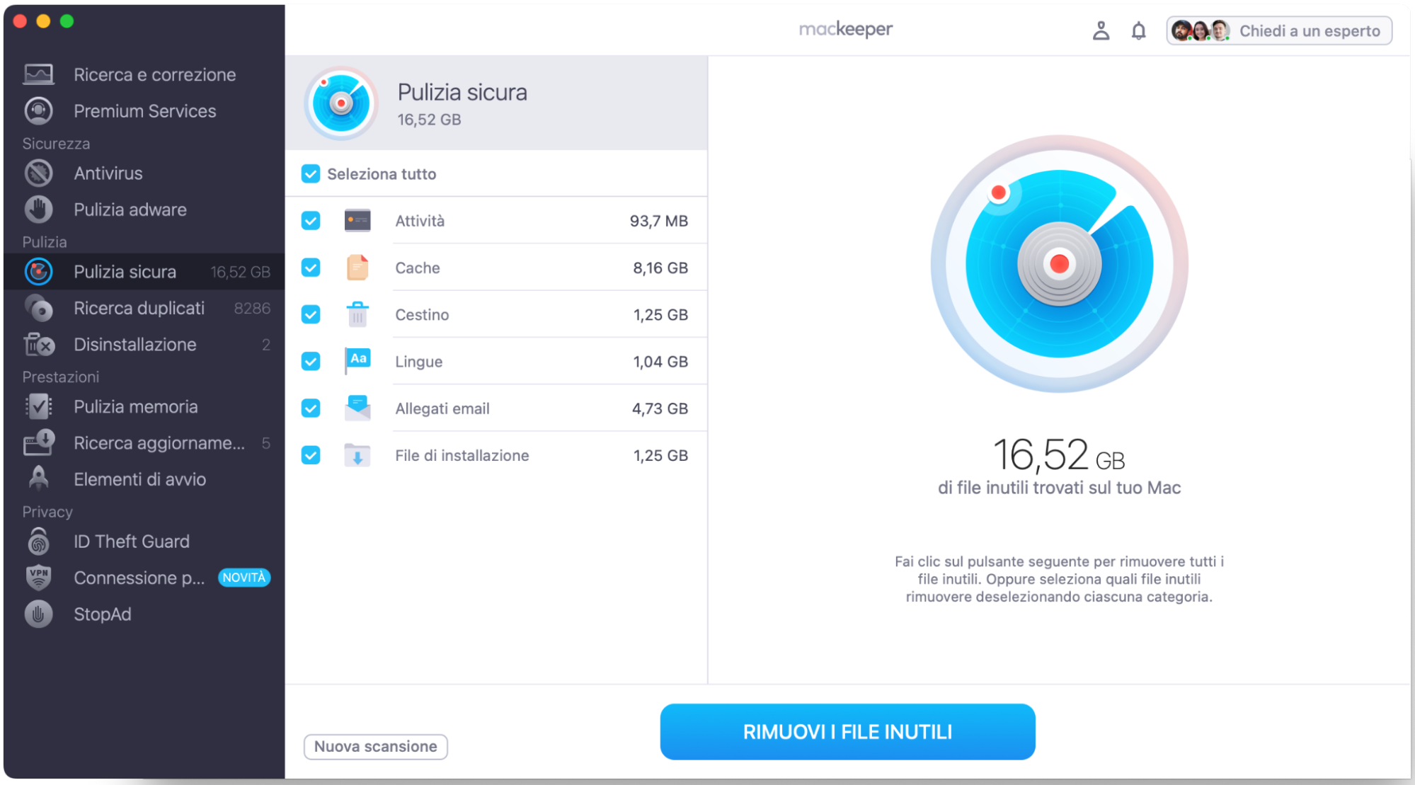 Al termine della scansione, visualizza l’elenco dei file. Scegli quali eliminare e clicca su Rimuovi file inutili.