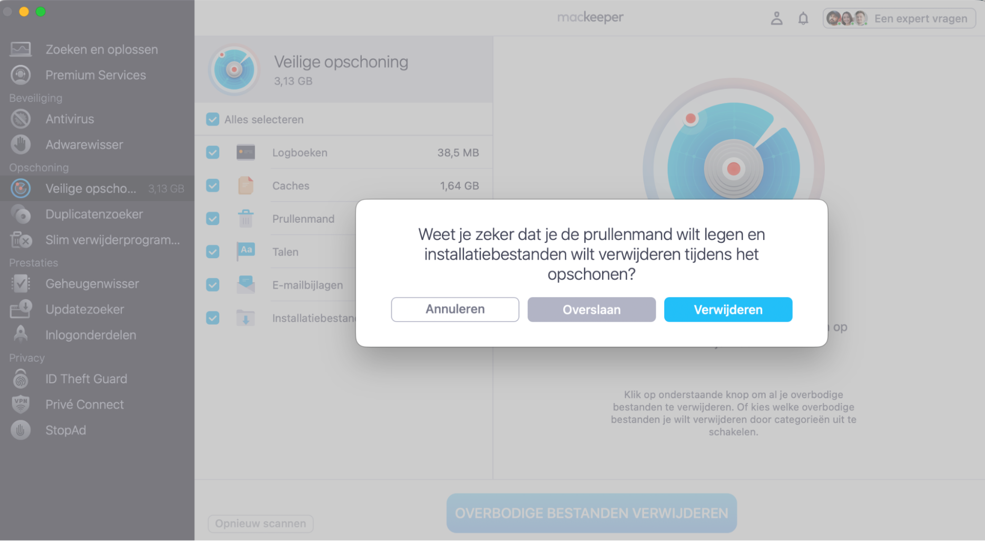 Klik op Verwijder, leeg de Prullenmand en verwijder installatiebestanden tijdens het opschoningsproces.