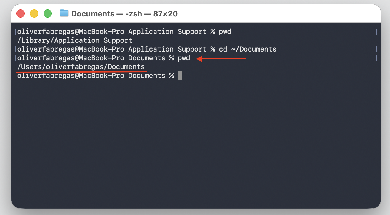 Terminal window on macOS after pwd confirms you are now in /Users/oliverfabregas/Documents, a safe user directory on the Mac.