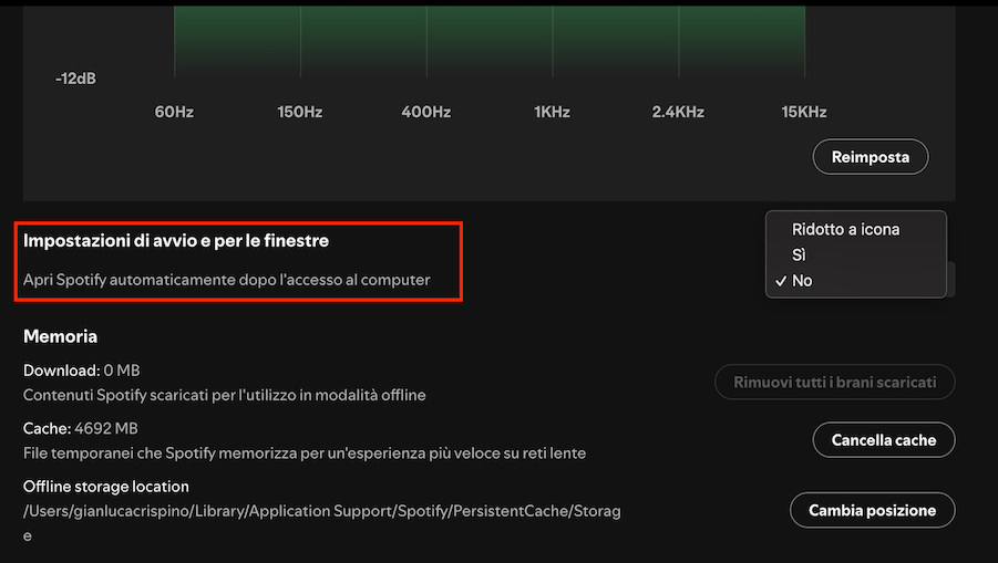 La finestra delle impostazioni avanzate di Spotify mostra l’opzione Apri Spotify automaticamente dopo l’accesso al computer. Si tratta quindi di uno dei modi per modificare gli elementi di avvio direttamente dall’app stessa.