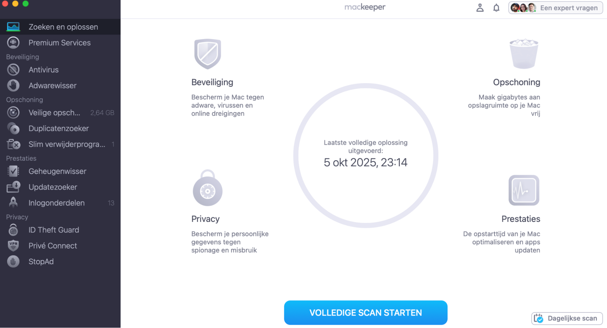 Om het probleem van een niet-weergegeven harde schijf op te lossen, begin je met het automatische probleemoplossingsproces dat door MacKeeper wordt aangeboden. Open de app, kies de tool ‘Zoeken en Oplossen’ en klik op ‘Volledige scan starten’.