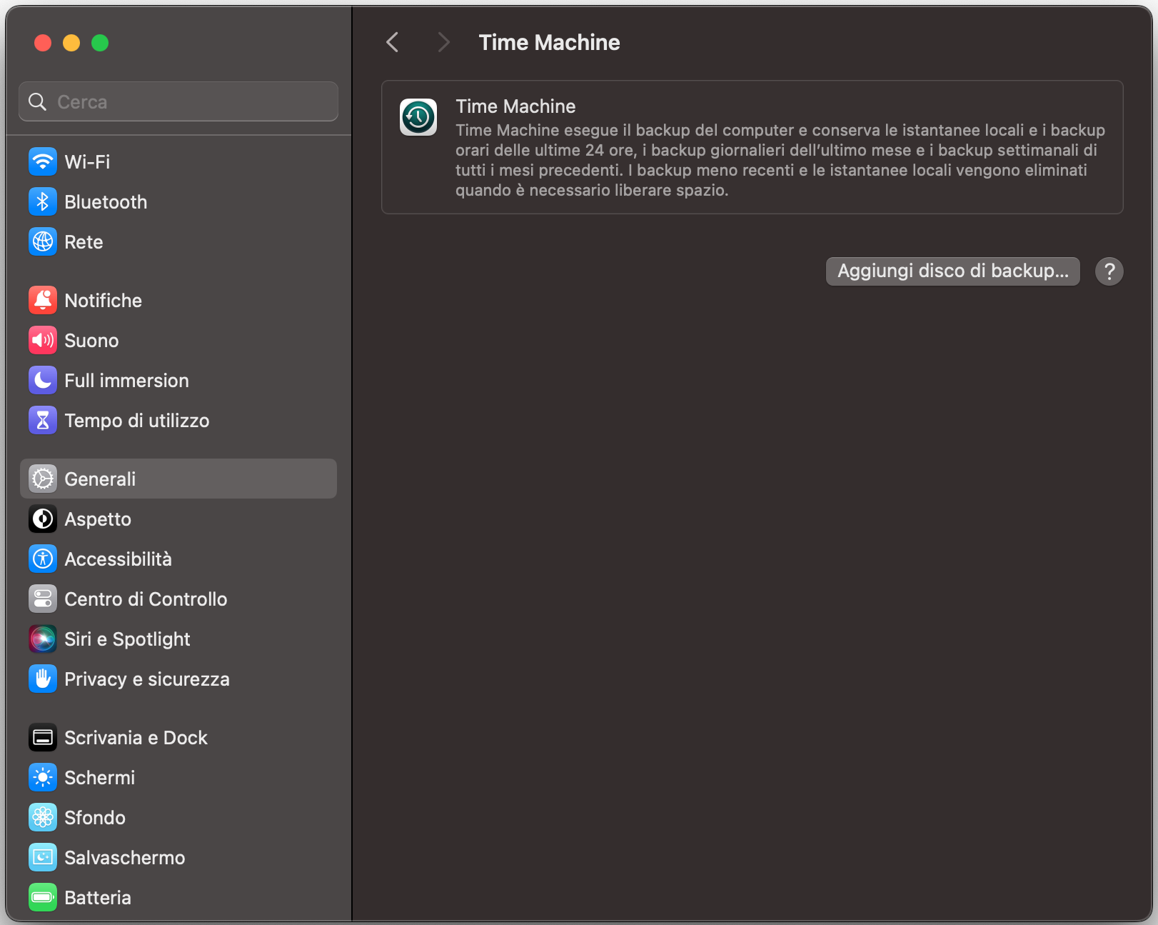 Nelle impostazioni di Time Machine, puoi vedere i backup già configurati. Per avviarne uno nuovo, fai clic su Aggiungi disco di backup.