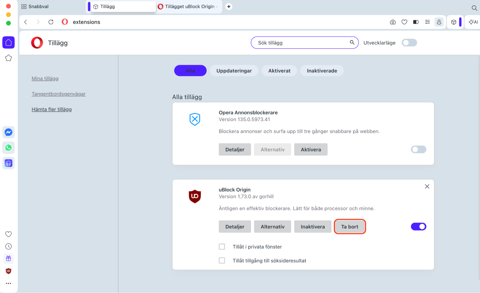 Gå nu igenom dina Opera-tillägg. Om du ser något misstänkt klickar du på knappen 'Ta bort' för att bli av med det.