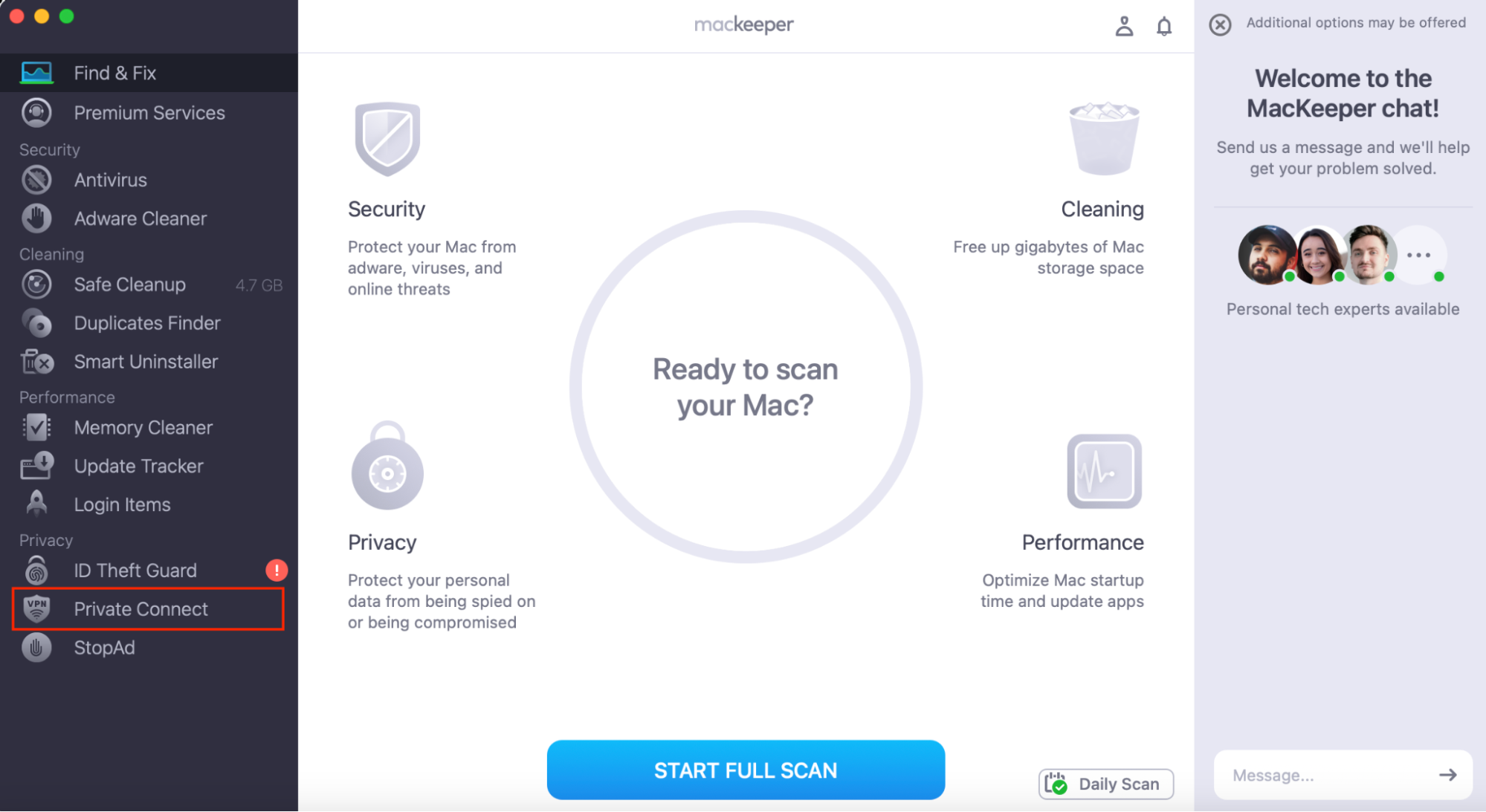 MacKeeper’s Find & Fix home screen, with Private Connect highlighted in the sidebar. How to fix VPN not working on Mac Sonoma.