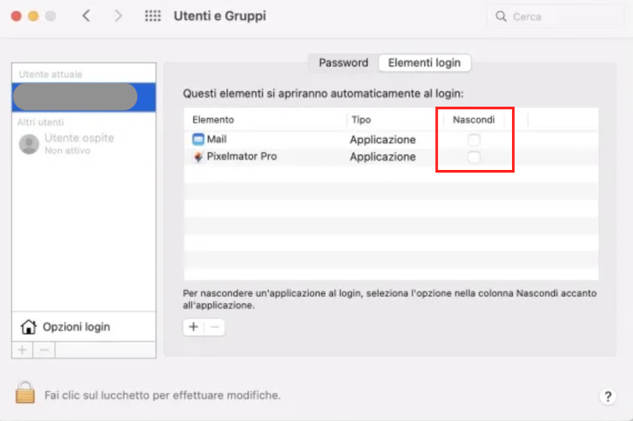 Il pannello Elementi login selezionato nella finestra Utenti e Gruppi mostra l’elenco delle app di avvio. In ogni riga, di fronte al nome dell’app, puoi trovare l’opzione per nasconderla selezionando la relativa casella.