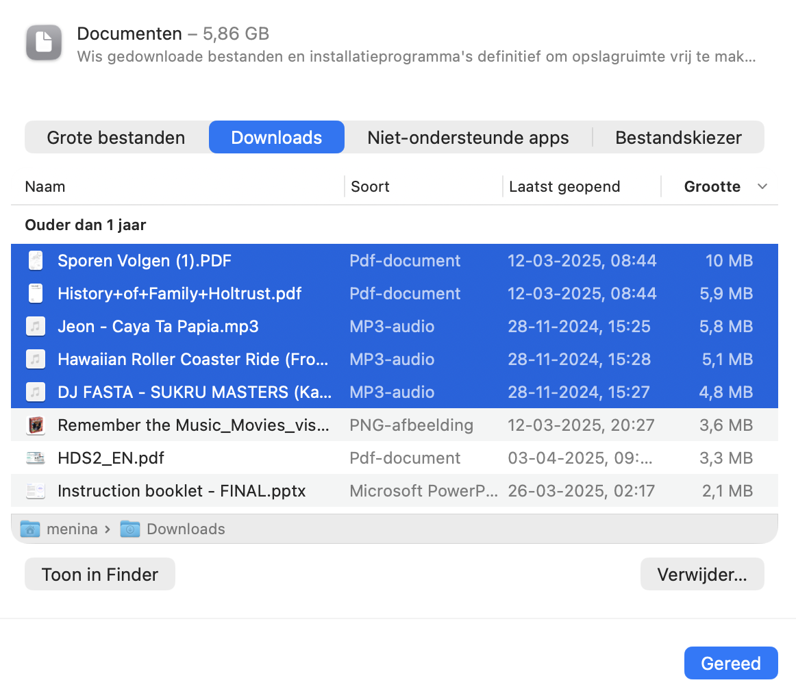 Om rommel te verminderen, selecteer je de bestanden die je wilt verwijderen, klik je er met de rechtermuisknop op en kies je Verwijder.
