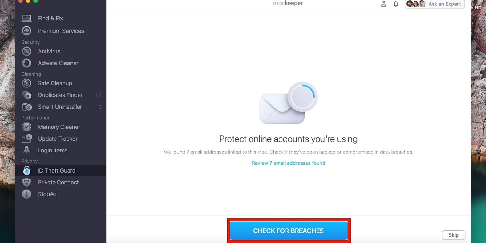 ID Theft Guard > Check for breaches